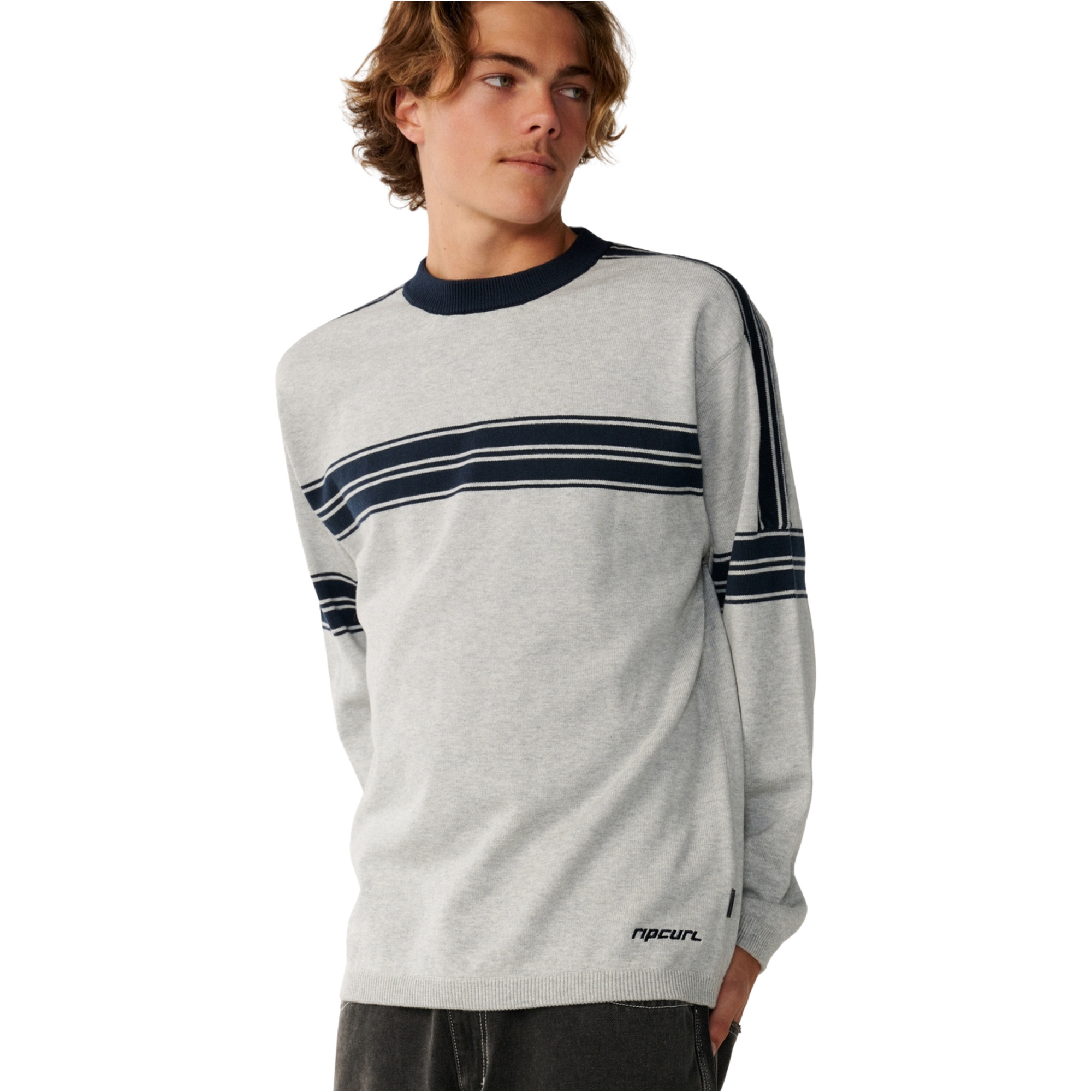 2026 Rip Curl Mens Archive TWU Stripe Crew Knit Sweatshirt 00TMKN - Grey Marle